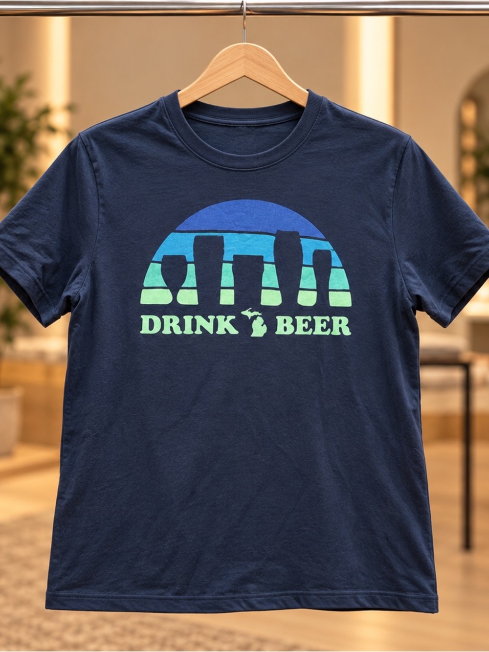 Bella Canvas Navy Short-Sleeve T-Shirt with Blue and Green 'Drink Beer' Graphic